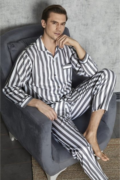 Men's Anthracite Buttoned Striped Poplin Fabric Pajama Set 4007