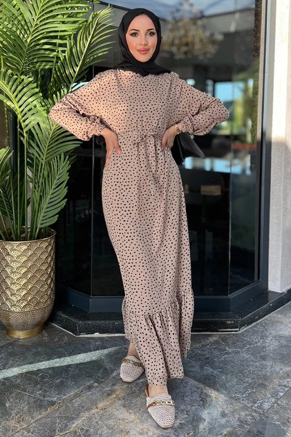 Beige Ankle Elastic Belted Hijab Polka Dot Viscose Dress