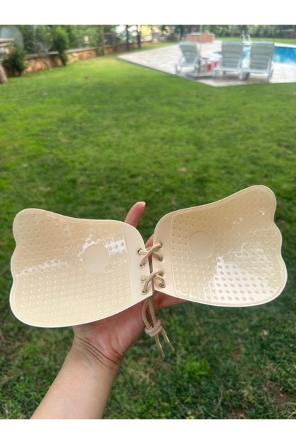 Strapless Adhesive Bra with Rope Detail, Adjustable Breast Tightness, Cream and Black Colored Bra