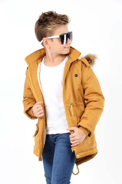 Boy's Waterproof Removable Hooded Plush Fur Lined Long Coat
