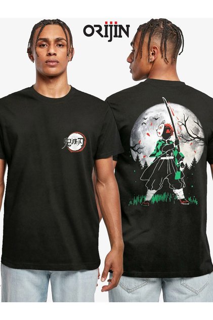 Demon Slayer Tanjiro Kamado Dolunay Anime Ön Arka Baskılı Unisex Siyah Tshirt