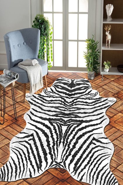 Siyah Beyaz Zebra Desenli Yıkanabilir Kaymaz Taban Salon Halısı Ipeksi Sd-104