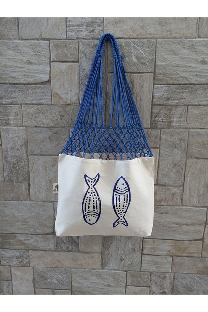 Fish Printed Blue Long Mesh Bag
