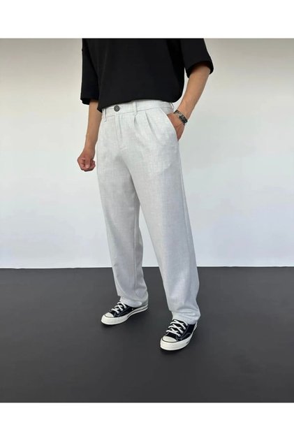 Pantaloni largi plisați gri din stofă Ç13