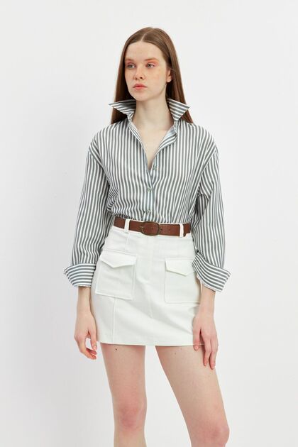 Cream Pocketed, Ribbed Mini Skirt with Pockets
