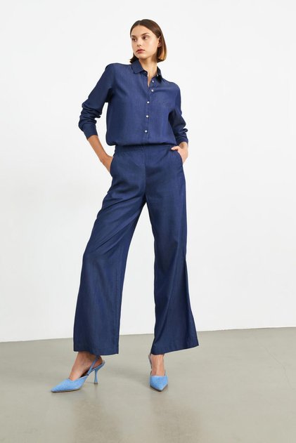 Navy Blue Elastic Waist High Waist Slit Trousers