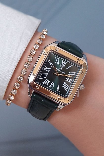 30 mm Kare Kasa Yeşil Deri Kayışlı Kadın Kol Saati, Taşlı Bileklik Hediyeli