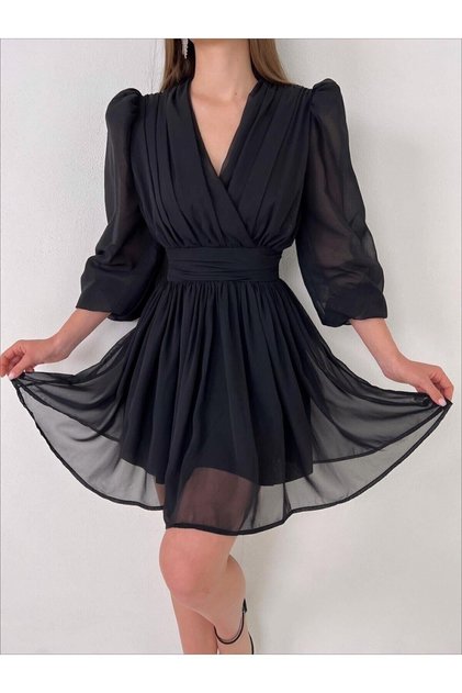 Women's Slim Fit Double Breasted Collar Long Sleeve Lined Chiffon Flared Mini Dress Black