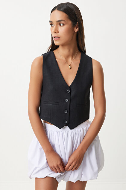 odor ash sleeveless トップス 韓国 シズニルック Happiness İstanbul Black Linen Short Women's Vest - KT00011- Trendyol