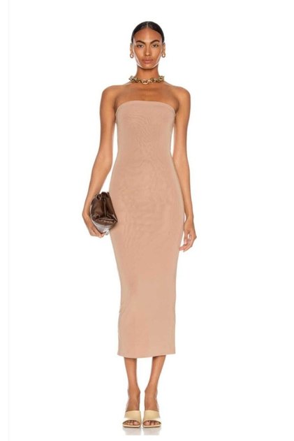 Women's Beige Strapless Cut Silk Jarse Maxi Dress