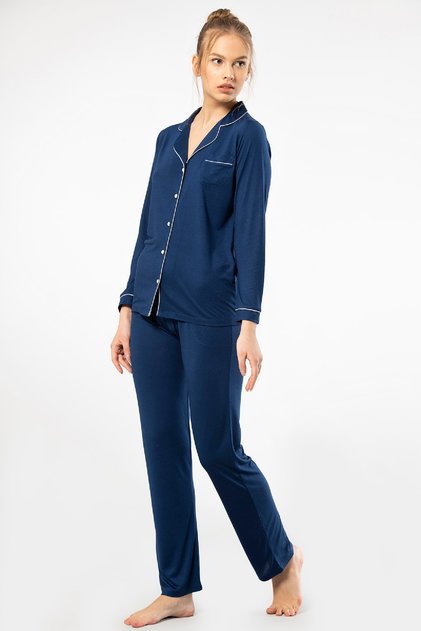 Shirt Collar Long Sleeve Viscose Fabric Women's Pajama Set