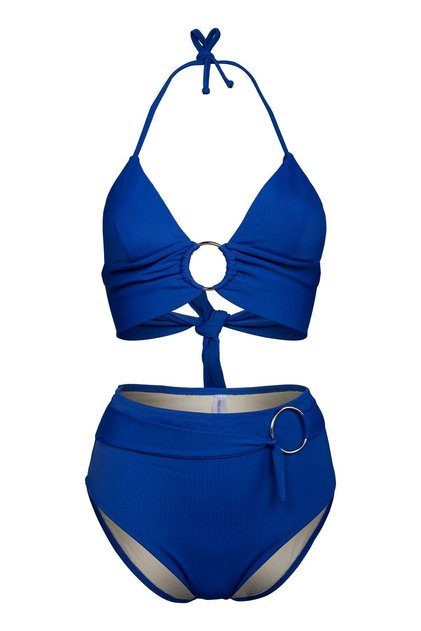 Saks Halka Aksesuarlı Yüksek Bel Çift Kat Özel Koleksiyon Tulumlu Şık Bikini Takım
