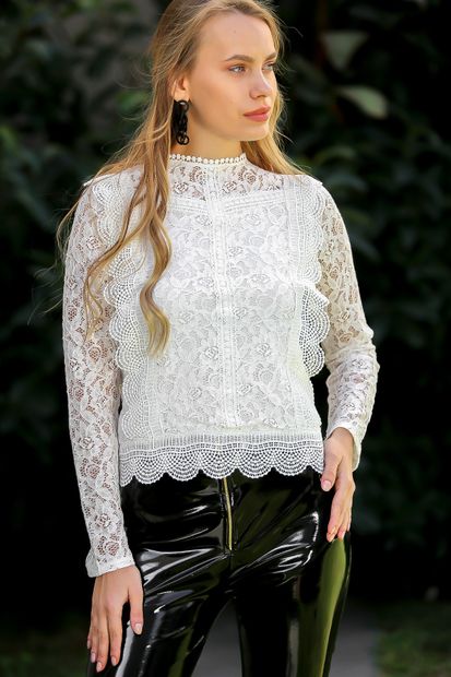 Chiccy Kadın Beyaz Barok Sırtı Fermuarlı Lace Bluz C10010200BL96933 - 4
