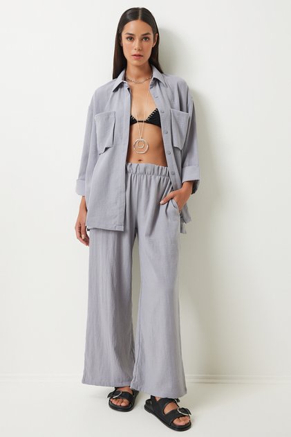 Women's Gray Wide Pocket Linen Blended Shirt Pants Suit Fn03205