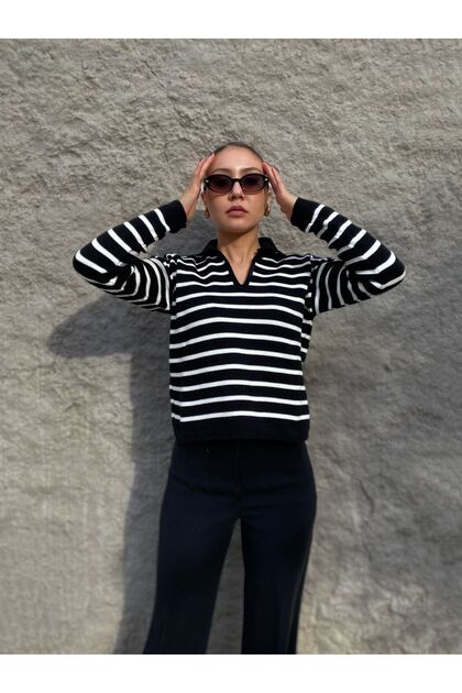 WOMEN'S POLO COLLAR STRIPED KNITWEAR SWEATER