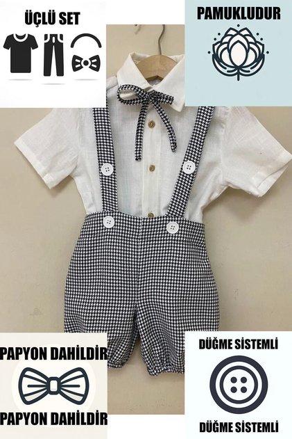 Houndstooth Short Buttoned Salopet, White Shirt, Bow Tie Set Baby Kids Clothing Boys And Girls Holiday