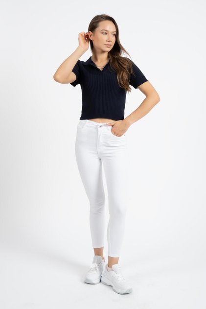 Navy Blue Women's Knitwear T-Shirt - Polo Collar, Short Sleeve 2498