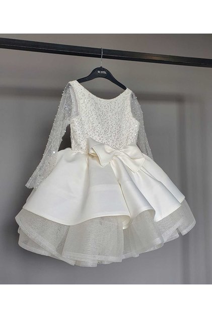 White Long Sleeve Beaded Green Dress