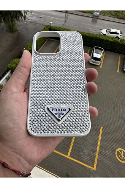 casehometr İphone 15promax uyumlu Prada Taşlı Beyaz Silikon Kılıf