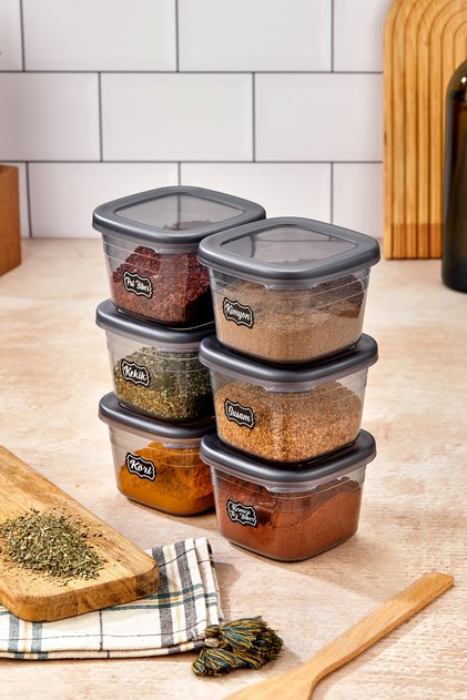 6-Piece Square Anthracite Labeled Spice Container Set - 550 ml - 6-Piece Square 0.55 Lt