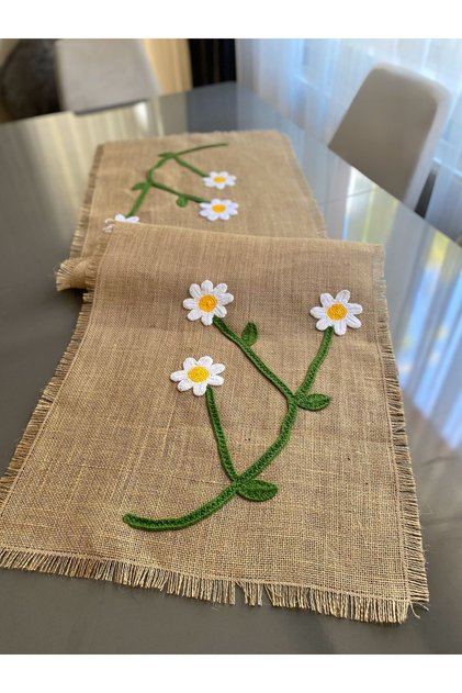 Daisy Motif Jute Fabric Runner 40x120 cm