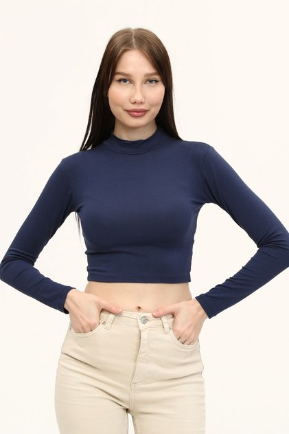 Women's Navy Blue High Neck Long Sleeve Crop Blouse