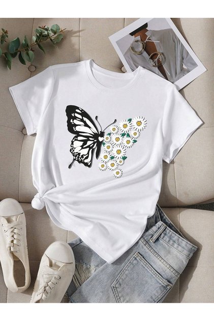 Women's White Butterfly Daisy Printed Oversize T-Shirt