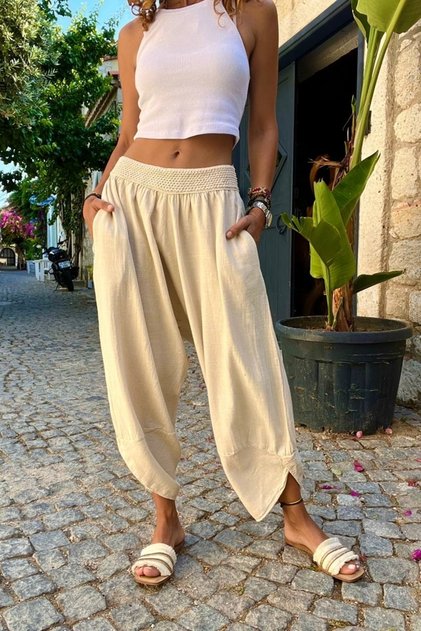 Women's Beige Washed Linen Pocketed Elastic Waist Shalwar Trousers Rsd58048