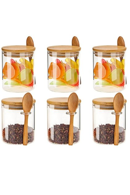 Spice Set with Borosilicate Glass Bamboo Lid and Bamboo Spoon 6 Pieces 450 ml