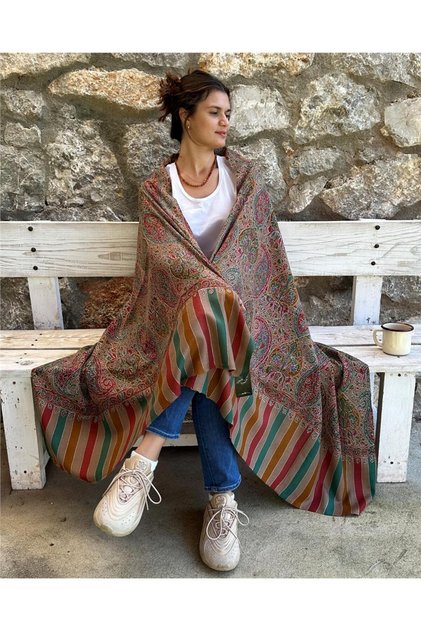 Şal Desenli Kahverengi Şal %100 Cashmere (FİNE WOOL) 105x210cm