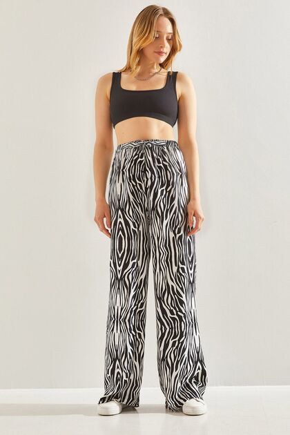 Women's Black Multi-Patterned Trousers with Elastic Waist 60241009