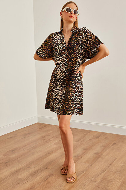 Olalook Leopard Print Black Viscose Mini Shirt Dress - ELB-19002223-  Trendyol