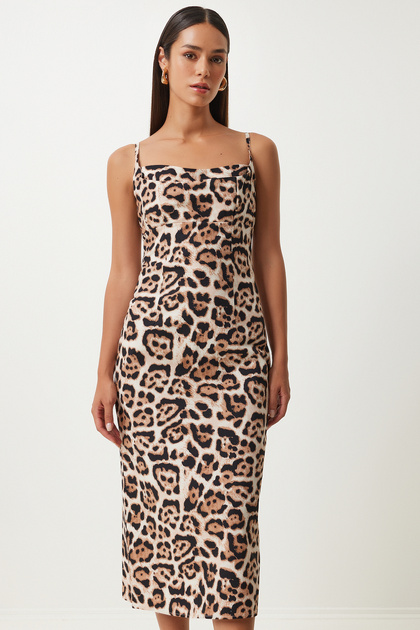 Women's Black Beige Leopard Patterned Strappy Midi Dress Kj00013