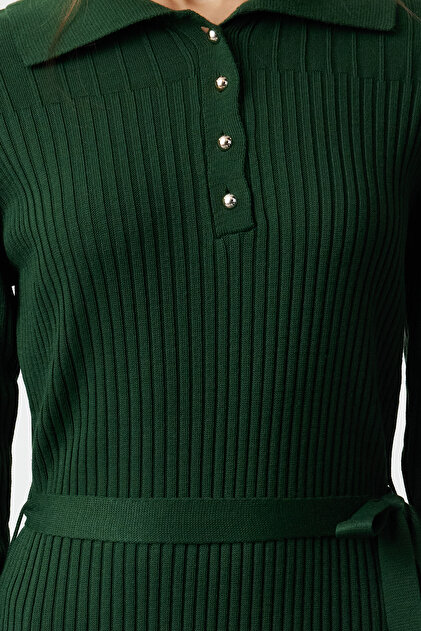 Trendyol Modest Dark Green Belted Polo Neck Ribbed Knit Knitwear Dress  Tctaw25Eb00006- Trendyol
