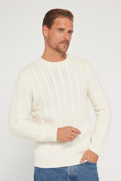Men's Crew Neck Hair Knit Patterned Ecru Knitwear Sweater