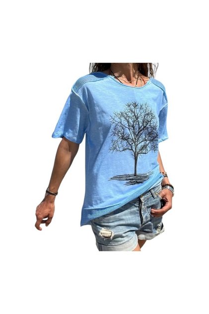 JERSEY BLOUSE WITH STONE-EMBELLISHED TREE PRINT AND JERSEY DETAIL.