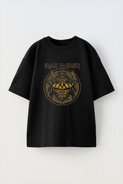 Unisex Iron Maiden Samurai Design Printed Cotton Black Oversize T-Shirt