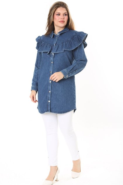 Women's Large Size Navy Blue Flywheel Detailed Front Buttoned Denim Tunic 65N37891