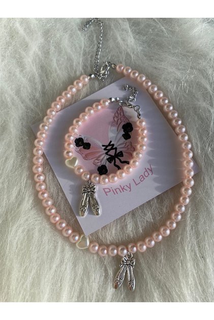 Balletcore aesthetic balerin pembe inci kolye ve bileklik seti