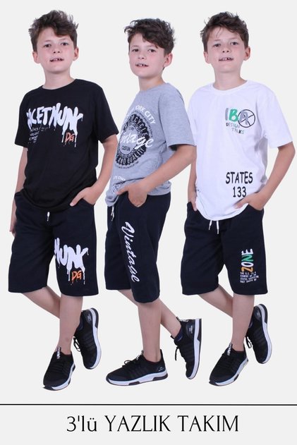 3-Piece Ibaa-Vintage-Hicet Printed Boys' Top and Bottom Set in White-Black-Gray