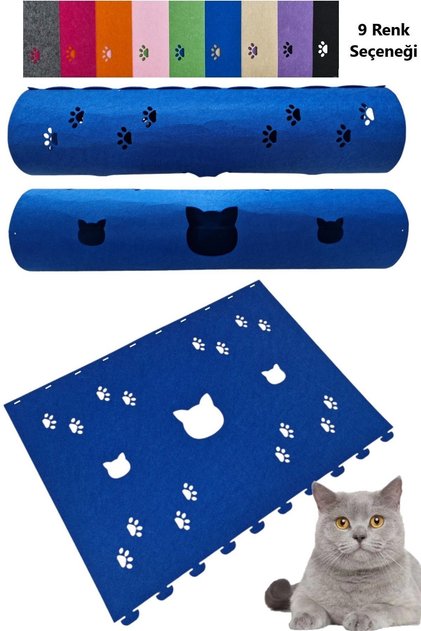 Kedi Tüneli Oyuncağı 1. Kalite 3mm Keçeden Geçmeli 9 Renk Seçenekli 98 cm Kedi ve Pati Figürlü