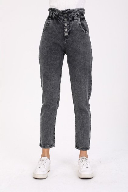 Anthracite High Waist Lycra Belt Drawstring Button Detailed Mom Jean Jeans