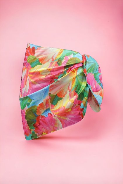 Pink Yellow Blue Watercolor Floral Patterned Short Pareo Satin Women's Beach Dress New Season
