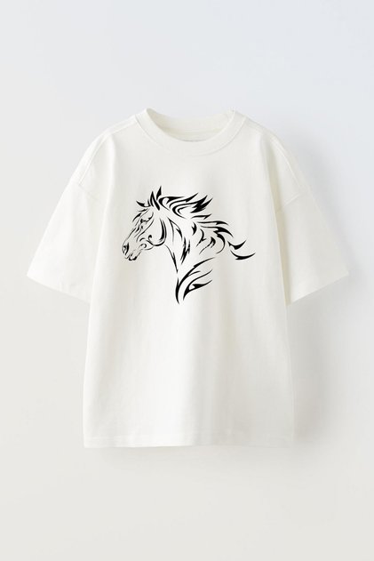 Unisex Horse Drawing Design Printed Cotton White Oversize T-Shirt
