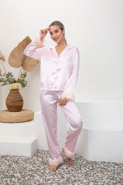 Women's satin Pajama Set Fur Plush Furry