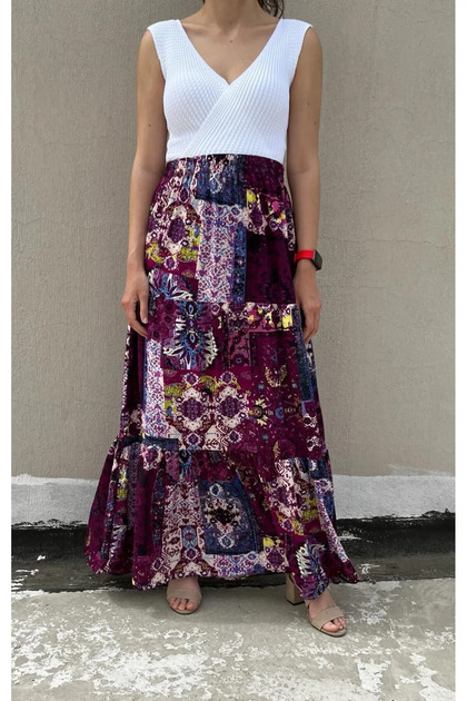 Bohemian, Ethnic Printed Long Skirt, Holiday Beach Dress, Elastic Waist, Mevlana Viscose with 3 Layers of Ruffles