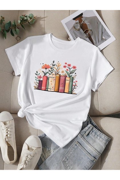 Women's White Floral Library Printed Oversize T-Shirt