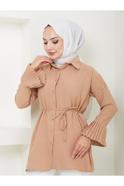Pleated Sleeve Shirt Collar Hijab Tunic