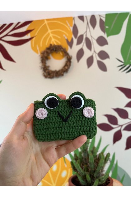 Cute Frog Green Knitted Mini Wallet Card Holder, Handmade Gift