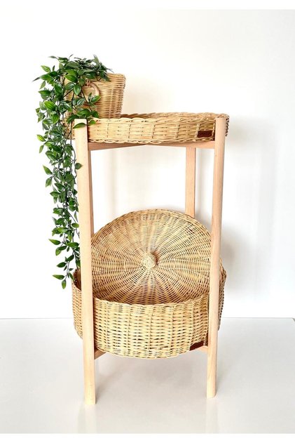 Rattan Bambu Iki Katlı Komodin - Sehpa